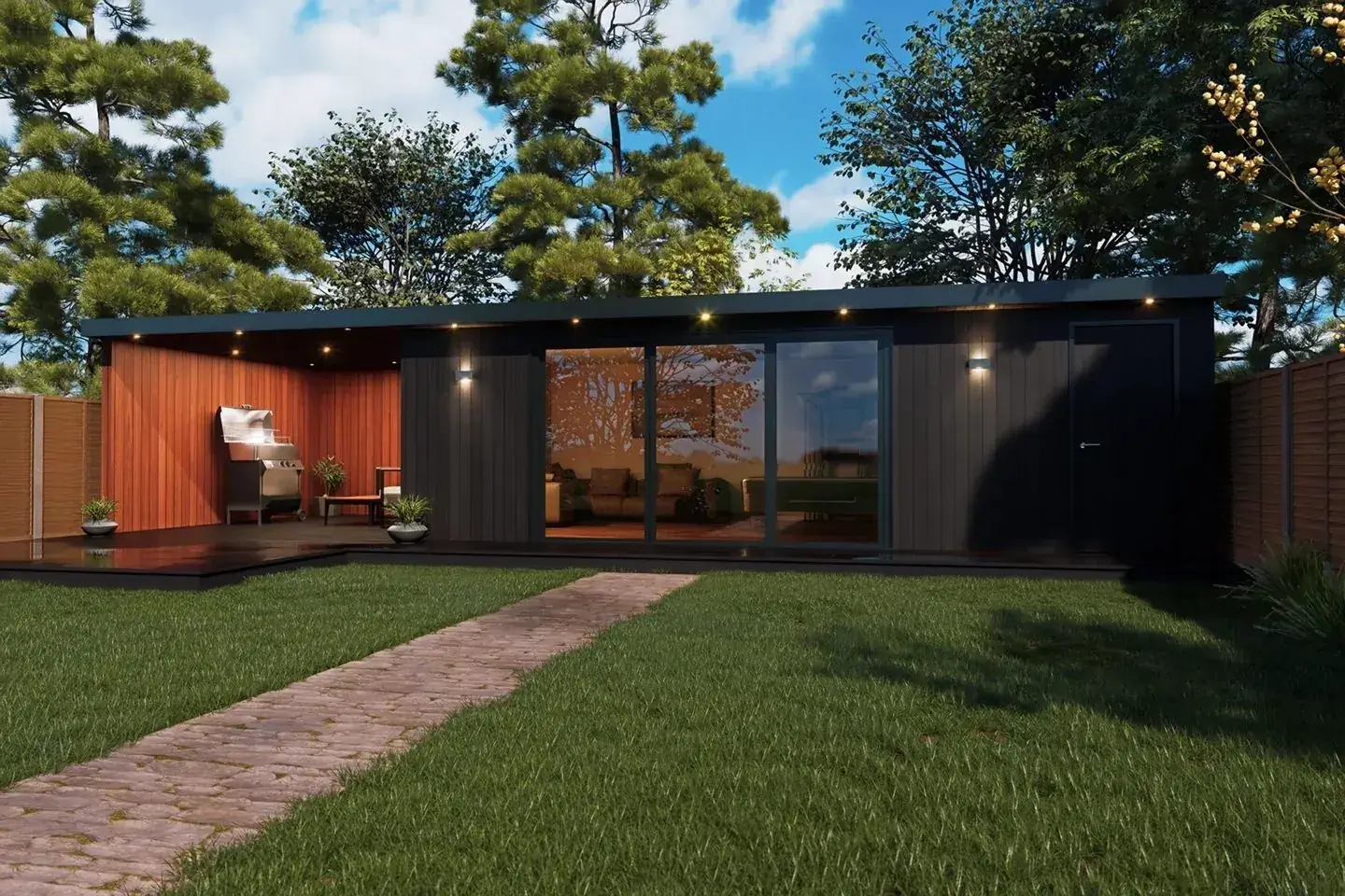 Bespoke garden room with full-width glazing in a garden setting